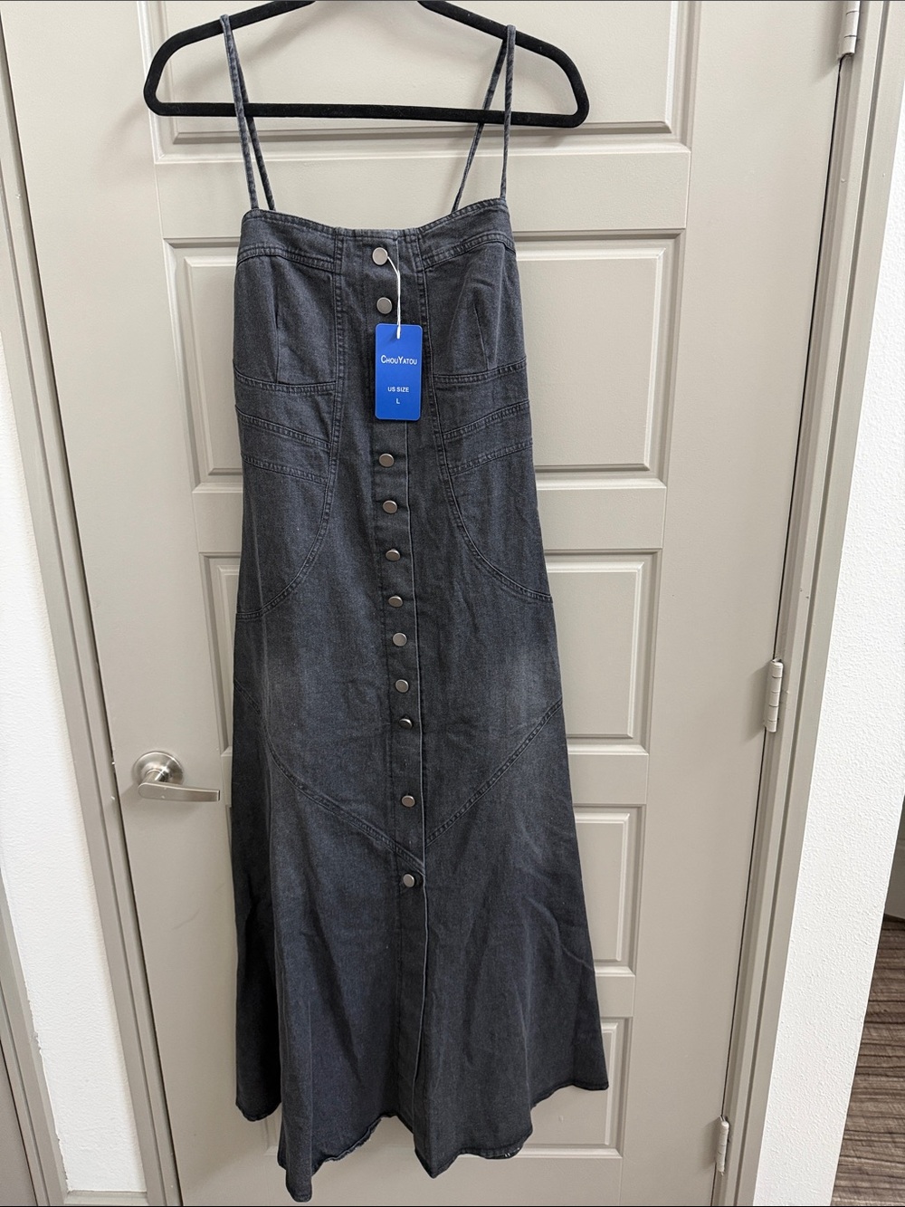 Charcoal Button-Front Denim Maxi Skirt with Spaghetti Straps